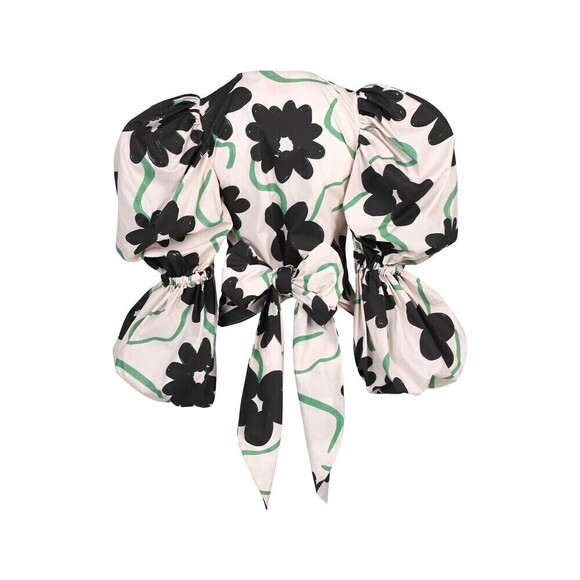 Alexandra Bueno Manglar Rebecca Shirt Women Sz L Pink Black Puff Sleeve Wrap Top - Picture 2 of 12